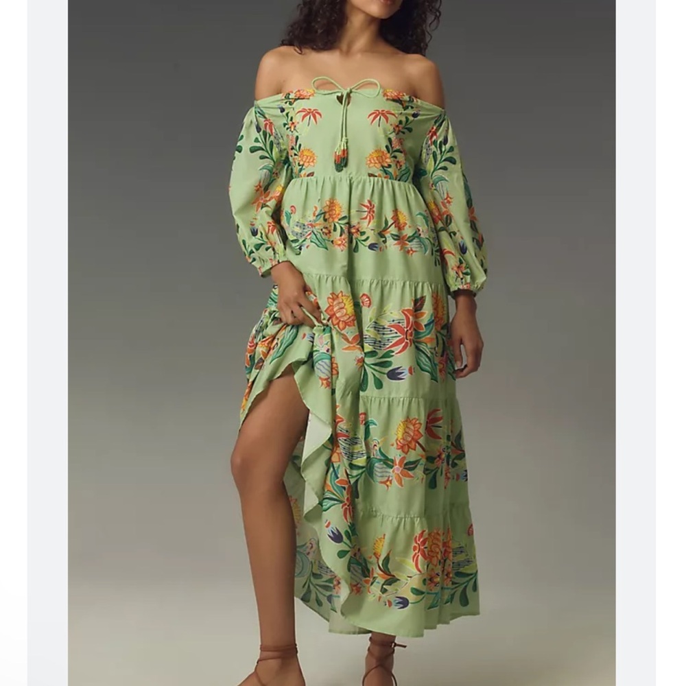 Farm Rio Green Floral Off the Shoulder Boho Cottagecore Midi Dress NWT